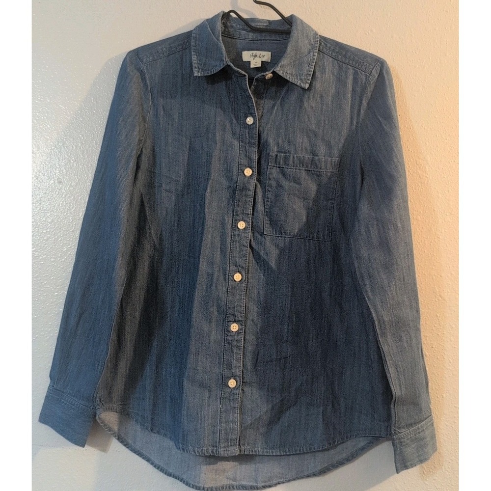 Style & Co Women's Long Sleeve Blue Chambray Button Up Shirt 100% Cotton Size XS